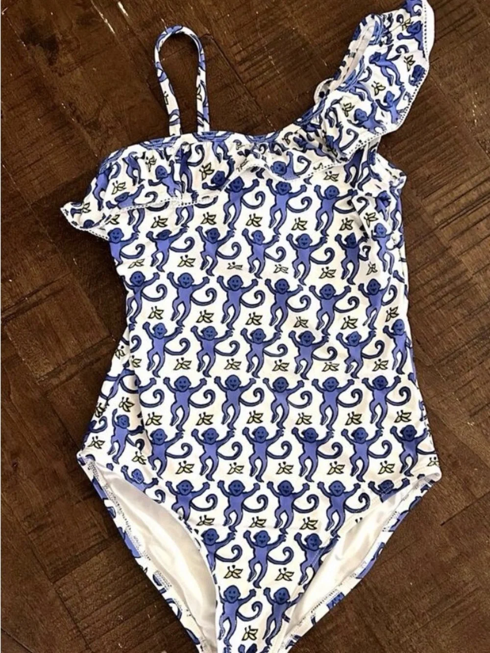Roller Rabbit Kids 14/16 One-Shoulder Monkey Print Swimsuit in Blue